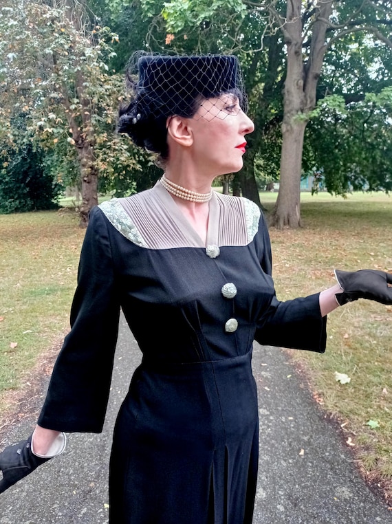 Vintage 1940s Black Wool Crepe Dress: Sequin Detail, Flared Sleeves