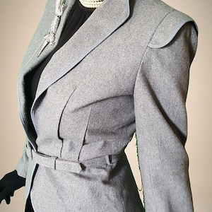 Vintage 1970s military flight attendant 1970s does 1940s grey wool C&A jacket Roxy Music style darts belted jacket