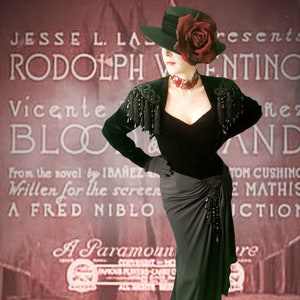 Vintage 1980s Isabelle Allard haute gothic couture gown flamenco tango Spanish matador inspired dress black velvet beaded Halloween