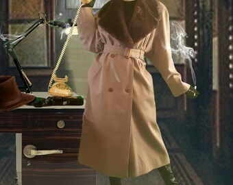 Vintage 1990s Aquascutum Trench Coat Film Noir Oversize Belted Fur