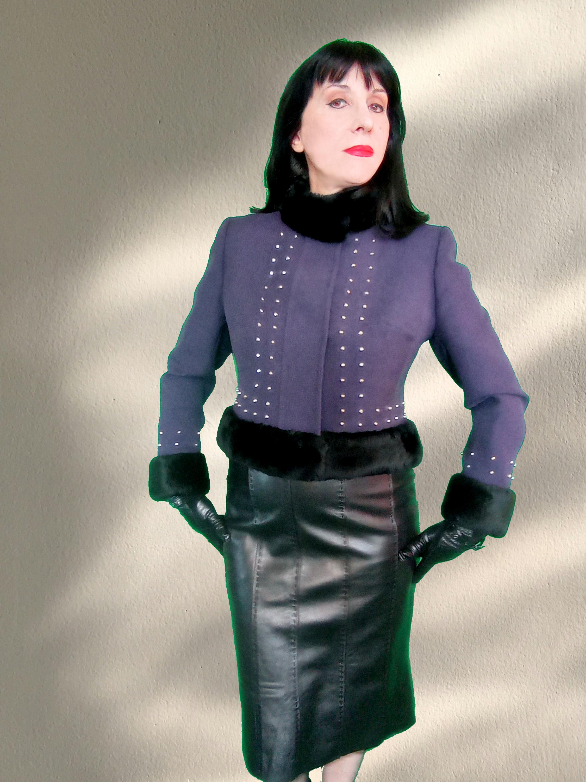 Vintage Mouton Fur Trim Wool Jacket: Studded Rock Chick Style Vintage Mouton Fur Trim Wool Jacket: Studded Rock Chick Style