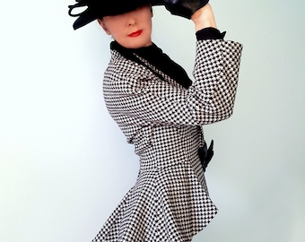 Vintage 1980s Mansfield black white Houndstooth wool velvet collar equestrian riding jacket fit flare tailored fitted figure flattering