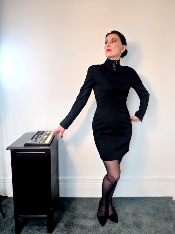 Vintage Claude Montana 1980s Black metal zip front mini dress fine wool high neck metal fastening LBD