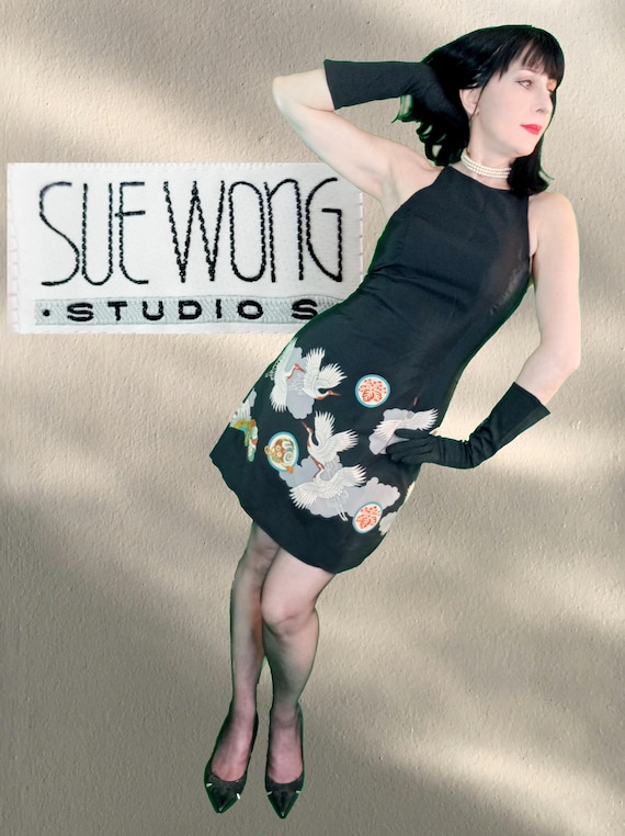 Vintage Sue Wong Studio S Black real silk mini dress with cranes or herons print on skirt sleeveless halter neck 1990s or 00s Vintage Sue Wong Studio S Black real silk mini dress with cranes or herons print on skirt sleeveless halter neck 1990s or 00s