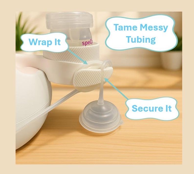 K&ouml;nnte beinhalten: Eine wei&szlig;e und transparente Milchpumpe mit den Texten &bdquo;Wrap It&ldquo;, &bdquo;Tame Messy Tubing&ldquo; und &bdquo;Secure It&ldquo;. Die Pumpe befindet sich auf einer hellbraunen Oberfl&auml;che.