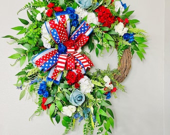 Corona patriótica de vid, corona para puerta principal del 4 de julio, corona de verano roja, blanca y azul, corona del Día de los Caídos, decoración del Día de la Independencia