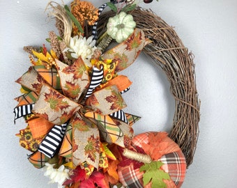 Fall Grapevine Wreath, Fall Floral Door Wreath, Fall Decor, Floral Pumpkin Decor, Autumn Wreath, Front Door Wreath,