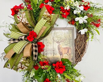 Memorial Wreath, Rustic Wreath for Funeral, Memorial Decor, Grapevine with Memorial Deer Sign