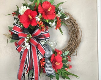 Summer Everyday Wreath, Red Floral Wreath, Red, White Floral Grapevine, Red Hibiscus Wreath, Floral Grapevine, Gift, Mothers Day Gift