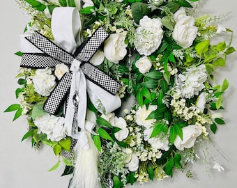 Corona floral blanca extragrande, lazo blanco y negro, despedida de soltera, puerta de iglesia, decoración elegante para eventos