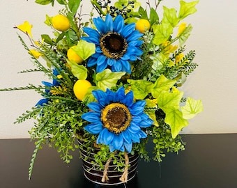 Decoración rústica, arreglo de girasoles, centro de mesa floral, arreglo de girasoles azules, arreglo rústico, decoración de limones y girasoles