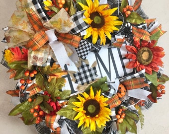 Fall Wreath, Fall Mesh Wreath, Fall Home Wreath, Buffalo Plaid Fall Decor, Front Door Fall Wreath, Fall Sunflower Decor, Gift, Housewarming