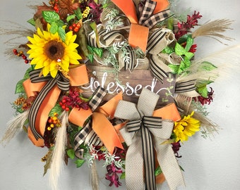 Autum Wreath, Fall Blessed Deco Mesh Wreath, Fall Front Door Decor, Fall Decor