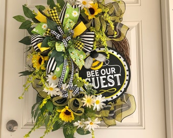 Bee Our Guest Bee Wreath, Floral Bee Grapevine, Bee Decor, New Home Owner, Gift, Summer Bee Wreath