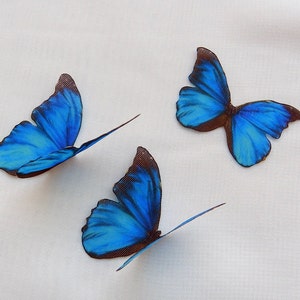 May include: Three blue butterfly decorations with brown veins on a white background.