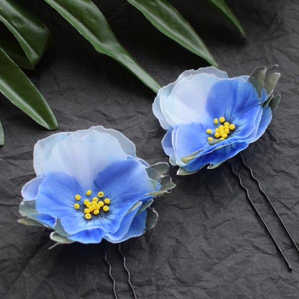 Pansies blue silk hair pins or brooch lapel pin - Spring nature inspired headpiece woman and girl jewelry