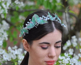Luna moth butterfly hair piece moonstone crystals and silver wire headband