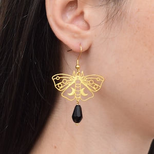 Mini golden butterfly luna moth earrings - dangle and drop earrings with black crystals