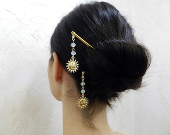 Palo de pelo piedra lunar cristal sol y luna dorado de una sola punta accesorios chinos para el pasador de pelo para mujeres