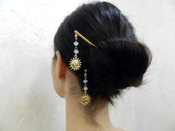 Hair Stick Moonstone Crystal Sun and Moon Golden Single  display picture 2