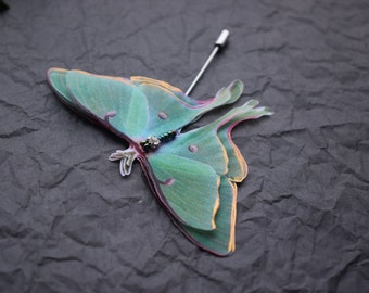 Luna moth silk butterfly brooch lapel pin with rhinestone Valentine day gift for her