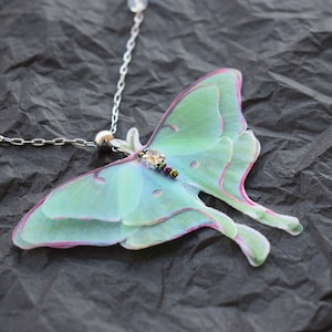 Green luna moth pendant necklace silk women accessories delicate gift for her