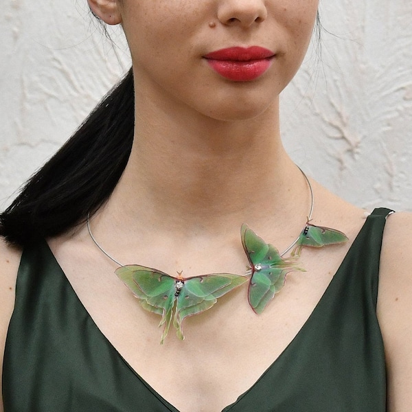 Luna moth necklace with silk organza double-layer wings butterfly accessories for woman