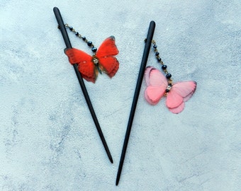 Wooden hair stick pendant silk butterfly red pink chinese hair pin accessories for women