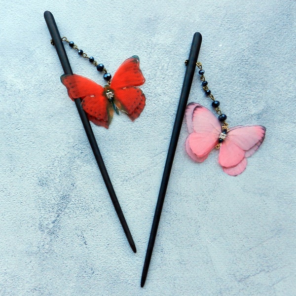 Wooden hair stick pendant silk butterfly red pink chinese hair pin accessories for women