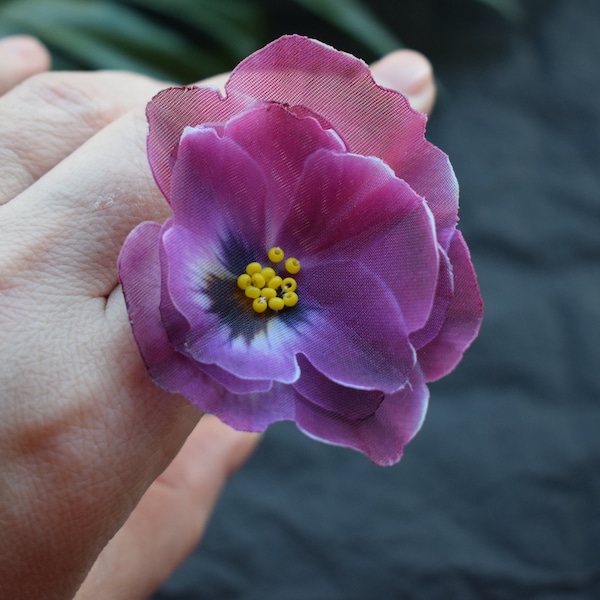 Pansies silk flower ring adjustable size - blue purple magenta