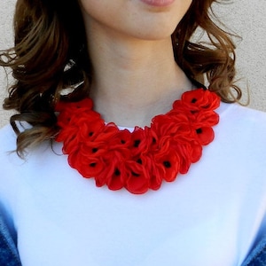 Red fabric floral necklace Statement necklace Handmade flower necklace, Textile flower jewelry, Gift necklace , Bridesmaids necklace