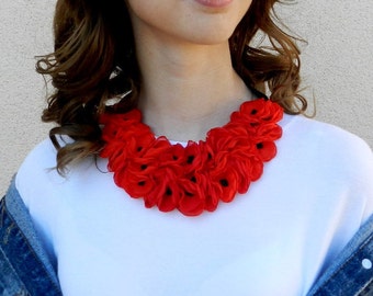 Red fabric floral necklace Statement necklace Handmade flower necklace, Textile flower jewelry, Gift necklace , Bridesmaids necklace