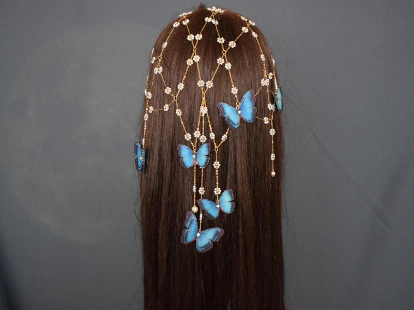 Blue Butterfly Headband with Pearls – Silk Butterfly Bridal Headpiece, Fairycore Wedding Hair Jewelry