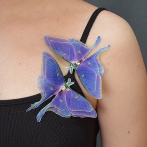 Purple luna moth silk butterfly hair clips or lapel pin brooch 3d wings jewelry for women and girl gift