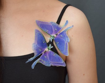 Purple luna moth silk butterfly hair clips or lapel pin brooch 3d wings jewelry for women and girl gift