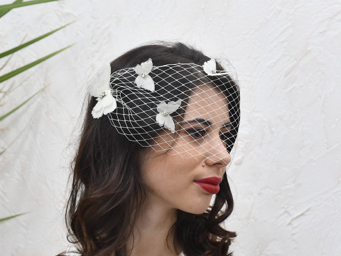 Birdcage Veil With Flowers and Butterflies Ivory Bridal Flower Etsy