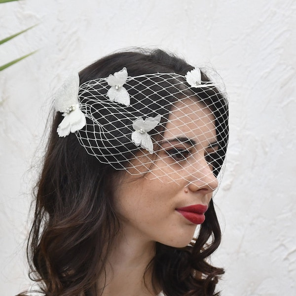 Birdcage veil with flowers and butterflies Ivory Bridal Flower Veil Birdcage Flower Wedding Veil Butterfly jewelry Veil headpiece