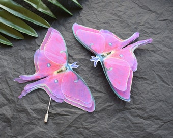 Fuchsia luna moth large side hair clips - Hot pink silk butterfly jewelry for women and girl