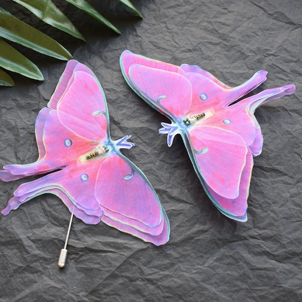 Fuchsia luna moth grandes pinces à cheveux latérales - Bijoux papillon en soie rose chaud pour femme et fille