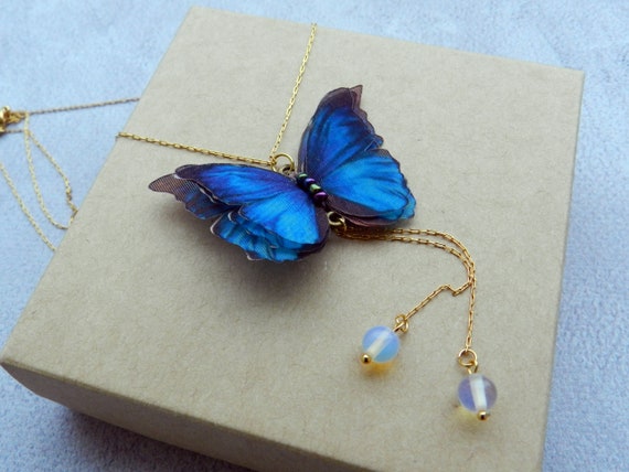 Silk Butterfly Moonstone Layered Necklace Set Blue Red or Luna