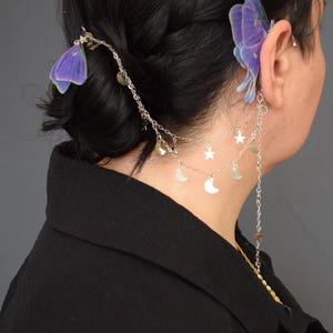 Bijou d'oreille papillon luna violet sans piercing avec chaîne et peigne à cheveux ou épingle lune et étoile bijoux guirlande fantastique accessoire de festival elfe