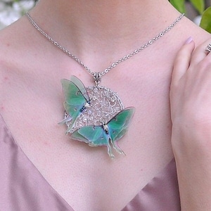 Luna moth round pendant necklace silk butterfly wings and wire jewelry