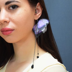 Purple silk butterfly wings ear cuff no piercing with hair clip set - long ear climber earrings and hair accessories gift for her