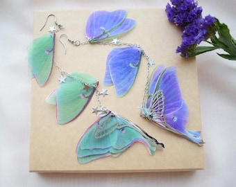 Green Purple Luna Moth Earrings Silk Organza Wings Star Charms Fantasy Jewelry Single or Pair