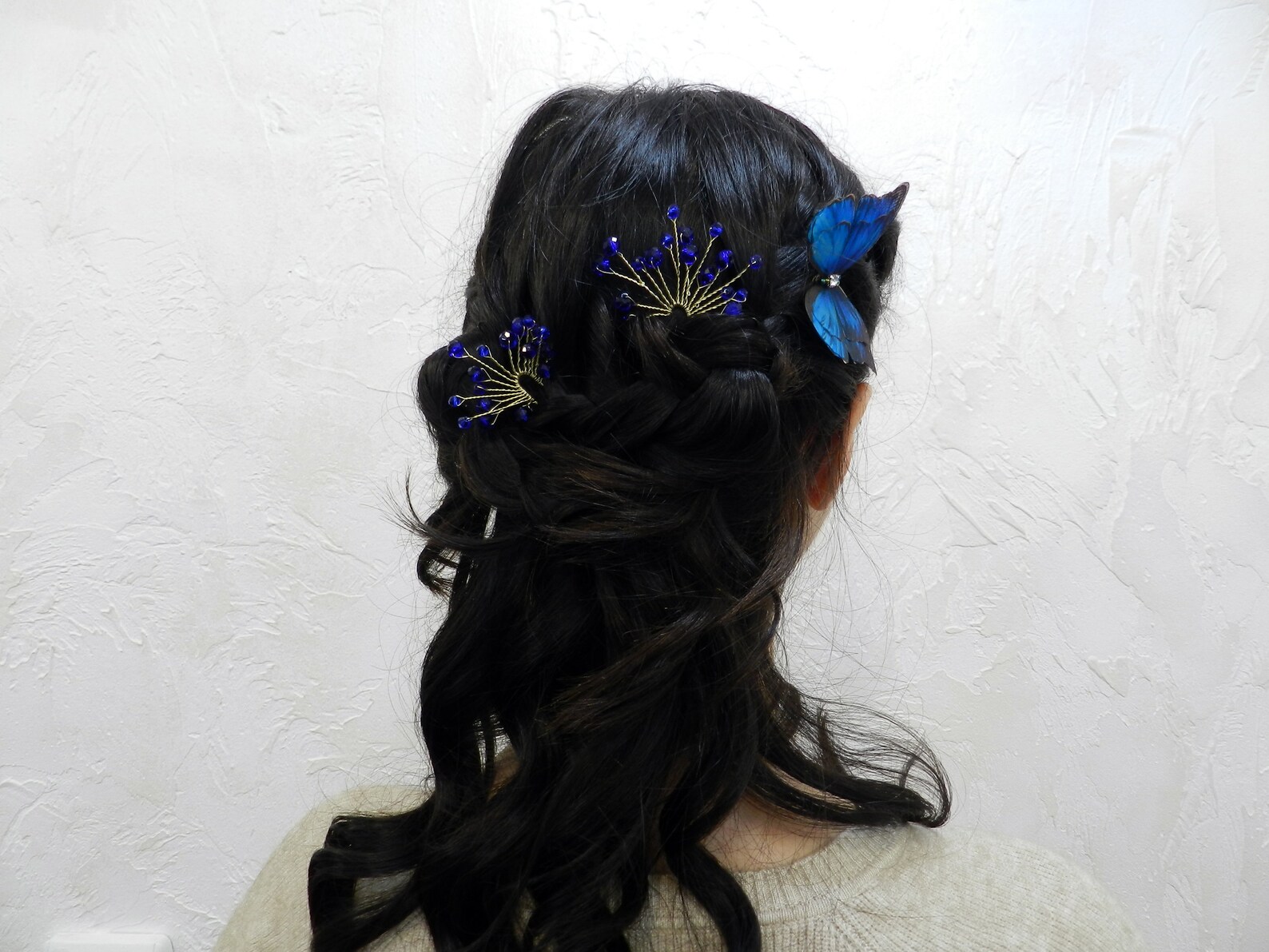 Silk Blue Butterflies Hair Pins With Crystals Hair Accessories Etsy