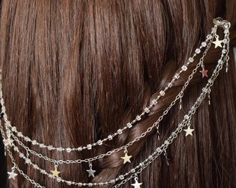 Celestial Star Hair Chain – Silver Crystal Headpiece – Stardust