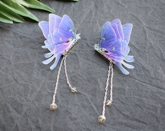 Purple Silk Moth Butterfly collar clip with chains - collar brooch pins jewelry - 1 pair