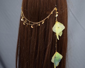 Green Luna Moth Hair Drape Pin – Golden Crescent Moon and Stars Silk Butterfly Wings Headpiece Jewelry