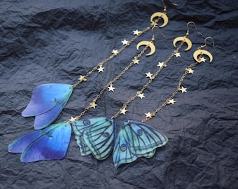 Luna Moth Wing Earrings: Crescent Moon & Star Long Chain - Fairycore Jewelry