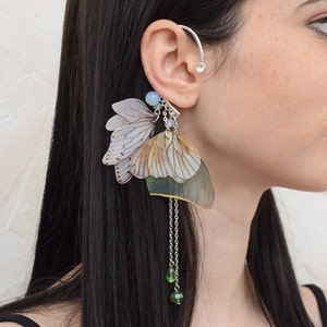 Silk luna moth wings ear cuff no piercing with hair clip set - long ear climber earrings and hair accessories gift for her